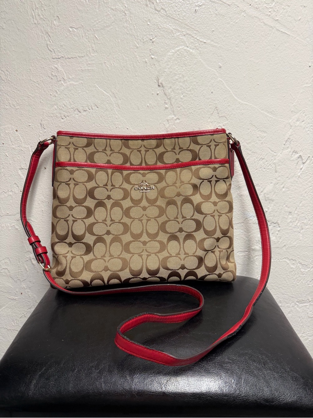 Coach Signature Canvas File Crossbody Bag in Khaki/Classic Red, model F36378